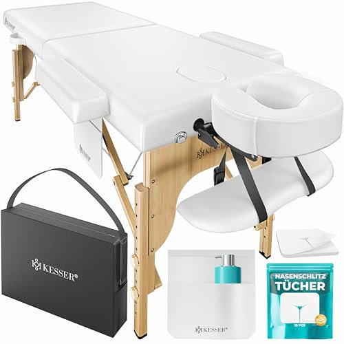 KESSER® Mobile Massageliege mit Holzfüßen klappbar & höhenverstellbar 2 Zonen Massagebett Massagetisch Kosmetikliege Breite Therapieliege Kopfstütze & Armlehnen inkl. Tragetasche & 10x Tücher