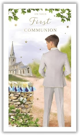 IC&G First Communion Congratulations Card - Communion Congratulations Card for Boys with Artistic Boy at Church Design and an Embossed Foil Finish