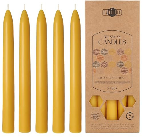 Danilovo Lot de 5 Bougies en Cire d'Abeille Naturelle - Bougies en Pure Cire d'Abeille - Coniques, Durables et à Combustion Longue pour tout Bougeoir - Parfum Miel, Jaune