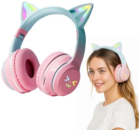 NHQZ Cuffie Bluetooth Bambina,Con Orecchie da Gatto con luce a LED,Cuffie Bluetooth Bambini,Cuffie Pieghevoli,Senza fili e Cablate,per Bambini,Bambine (Sfumato Blu)