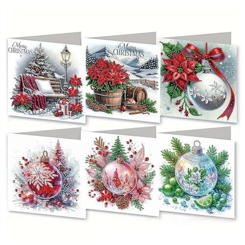 FLKWOP Lot de 6 cartes de vœux à peindre avec des diamants à faire soi-même - Kit de Noël, cartes pliables 5D pour Noël, anniversaire, vacances, remerciements, bénédiction - Kit de création artistique
