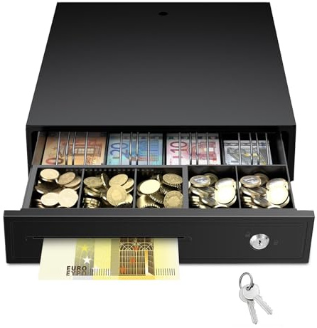 Cassetto Portadenaro, 37 x 33,5 x 8 cm Cassetto per Registratore di Cassa con 5 Scomparti per Monete e 4 Scomparti per Banconote Cassetta Portavalori con Interfaccia RJ12 per Privato e Commerciale