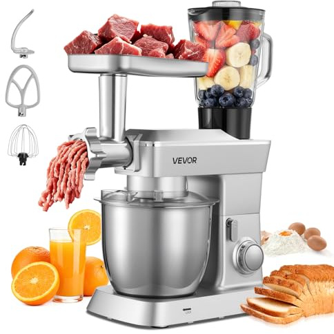 VEVOR multifunktionale Küchenmaschine elektrisch 1300 W mit Edelstahlschüssel (4,3 L) & Mixbecher (1,5 L), Knetmaschine Teigmixer mit 6+P Geschwindigkeiten & Knethaken & Schneebesen & Rührbesen
