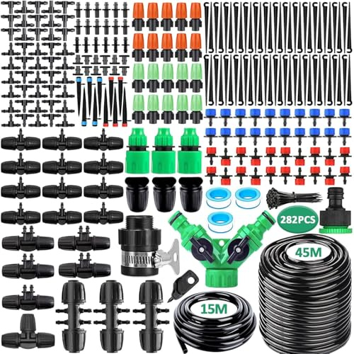NCKIHRKK 281PCS Sistema de Riego por Goteo, 45M+15M Kit Riego por Goteo, Micro Riego Sistema de Riego Automático con Ajustable Boquilla y Gotero, Sistema de Riego Jardín para Maceta, Huerto, Terraza