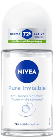 NIVEA - Déodorant Bille Pure Invisible - Déodorant Femme 72H Anti-Transpirant Aisselles - Anti-Traces Blanches - 0% Alcool - Ne Laisse pas de Résidus - Tous Types de Peaux - 50 ml