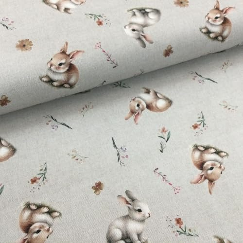 Canvas Baumwolle EGGSplosion - Ostern – Hasen & Ostereier auf Hellgrau – Dekostoff - Meterware ab 0,5 m -für Kissen, Taschen, Tischdecken & Osterdeko (Hasen)