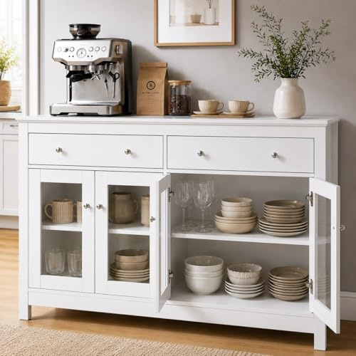 Amveya Aparador Blanco de Cocina, Mueble Auxiliar Moderno con Puertas de Vidrio y Alacena Grande con Cajones para Salón o Comedor 140x40x90.7cm