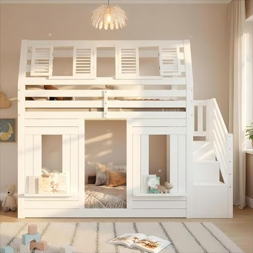 BTM Bunk bed, loft bed, children's bed, wooden bed, house bed 90x190cm with LED, fall protection and storage stairs, window shape, white