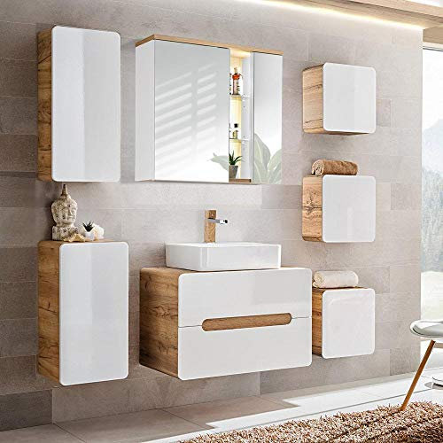 Lomadox Badezimmer Set, Hochglanz weiß mit Wotan Eiche Nb., 80 cm Waschtisch-Unterschrank mit 51 cm Keramik-Aufsatzwaschbecken