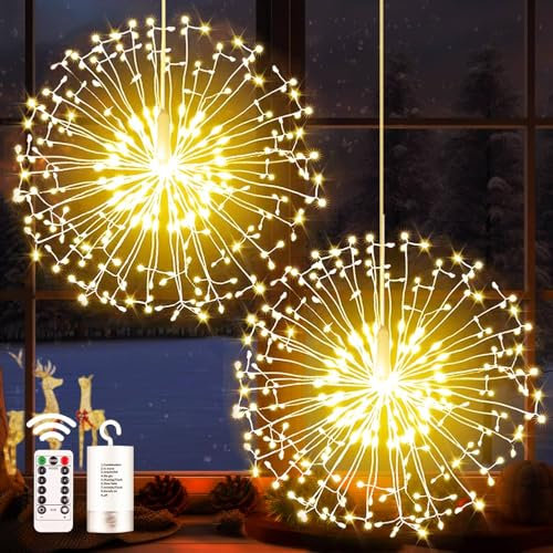 yowin Hanging Christmas Firework Lights 2 Pack 198 LED Starburst Lights Battery Operated with Remote, 8 Modes Waterproof Hanging Christmas Window Light for Door Xmas Tree Outdoor Indoor Decorations