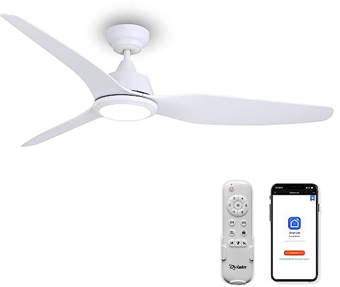 Ovlaim Ventilateur de Plafond Silencieux avec Lumière et WiFi, 142 cm, Contrôle par App/Alexa/Google, Télécommande et Minuterie, Moteur DC 6 Vitesses Réglables, Blanc