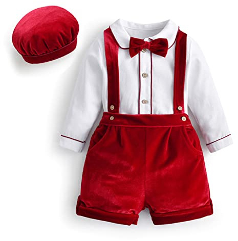 YiZYiF Bimbo Ragazzi Gentleman Gentleman Velvet Outfit Abiti di Natale Manica corta Romper Camicia + Bretelle Pantaloni + Cap Festa di compleanno Abito Battesimale Rosso 9-12 mesi