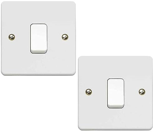 1 Gang 2 Way Light Switch - White Electrical Curved Edge Light Switches with Screws - 250 V A.C, 10AX Single Wall Switch for Home, Office, Industries, Shedes, garages etc (2)