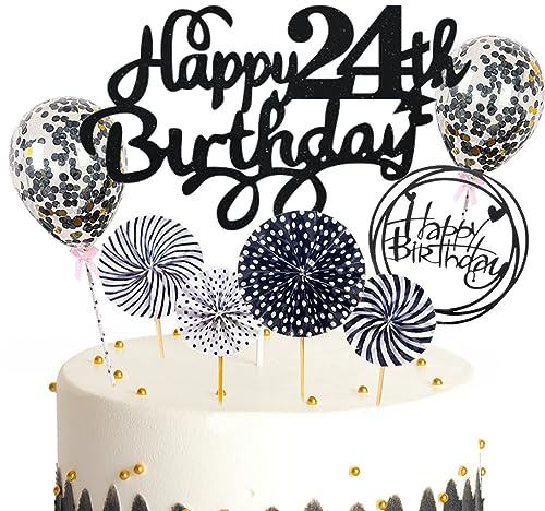 Feelairy Décoration de Gâteau Anniversaire 24 ans Femme Homme, Noir Or Deco Gâteau Anniversaire 24 ans Décoration Cake Topper Happy Birthday Ballon Confetti pour Fête 24 Anniversaire Homme Femme