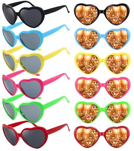 12 Stück Herzbrille Effekt, Pfirsichherz Brille, 3D Beugungs Herzbrillen, Retro Partybrille, Herz Effekt Brille, Herz Sonnenbrille, Heart Sunglasses für Kostümfest Fasching Musik im Freien Party Bar