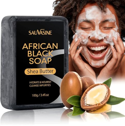 Afrikanische schwarze Seife mit Sheabutter - Hautpflegende feuchtigkeitsspendende Reinigungsseife für Gesicht und Körper, Tiefenreinigungsseife, handgefertigte afrikanische schwarze Seife,