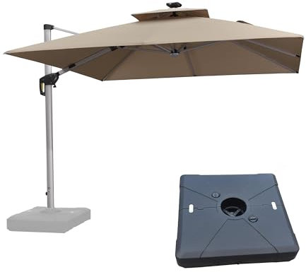PURPLE LEAF Parasol Déporté 3 x 3 m Carré avec LED et Pied, Parasol de Jardin Extérieur à Toit Double Rotatif 360°,Protection UV, Pour Terrasses, Piscines, Restaurants Extérieurs, Patio, Beige