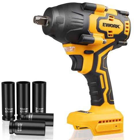 EWORK 21V 1/2 Cordless Impact Wrench 775 Ft-lbs, Brushless Compact High Torque Impact Gun High Torque, 3-Speed Modes with 5 Sockets (Tool Only)
