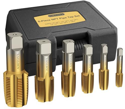 AMTOVL 6tlg. NPT Rohrgewindebohrer Set Gewindebohrer 1/8, 1/4, 3/8, 1/2, 3/4, 1'' Zoll NPT Maschinengewindebohrer Set