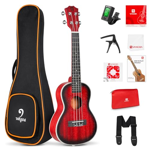 Vangoa 26‑Inch Tenor Ukulele Kit, Mahogany Starter Uke for Beginner, Red