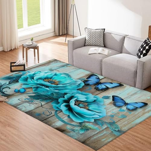 CEDNXOER 3D Blaue Holzmaserung Bedruckter 160×230cm Teppich Schlafzimmer Teppich Blau Wohnzimmer Teppich, Blumen Rosen Weich und Leicht zu Reinigen,Rutschfester Unterseite waschbare teppiche