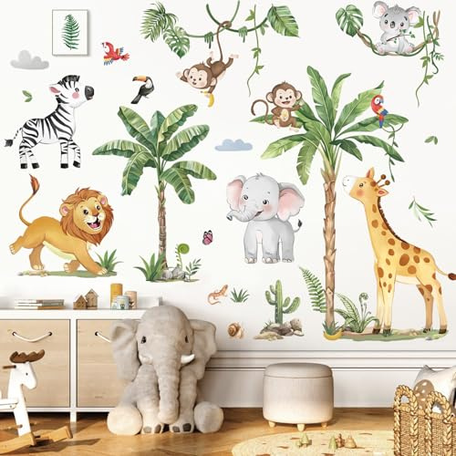decalmile Stickers Muraux Enfant XL Animaux de la Jungle Arbre Autocollant Mural Safari Girafe Éléphant Singe Feuilles Tropicales Vigne Décoration Murale Bébé Pépinière Chambre Enfants