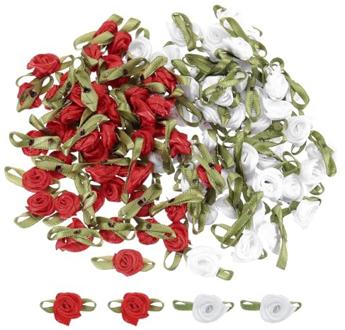 QUARKZMAN 100Pz Mini Rose Finte Bianco/Rosso 1.5x3cm Fiori Artificiali Mini Rose Nastro Finti per Decorazioni Cucito Applicazioni Lavoretti Piccoli Fiocchi in Raso Fiori