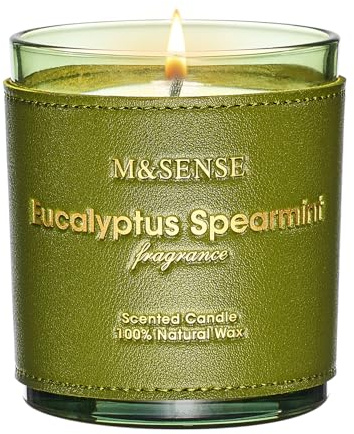 M&SENSE Velas Aromáticas Eucalipto y Menta 283g, Diseño Cuero Elegante, Cera de Soja 50h, Regalo Relajación Mujer y Hombre, Decoración Baño y Spa