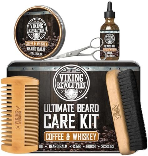 Viking Revolution - Ultimate Beard Kit Coffee and Whiskey - Beard Grooming Kit for Men with Beard Brush, Beard Comb, Beard Balm, Beard Oil, Beard and Moustache Scissors - Husband Gifts for Men
