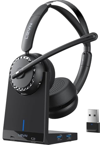 LEVN Wireless Headset, Wireless Headset with Mic for Work, AI Noise Cancelling, 65 Hrs Working Time, Bluetooth Headphones with Microphone from Home/Computer/Call Center/Teams