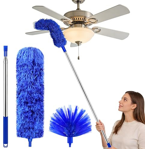 Microfiber Duster Feather Duster Cleaning - Kit with Telescoping Extension Pole 30-82 Inch Reusable Bendable Dusters Bendable Washable Dust Remover for High Ceilings, Ceiling Fans, Cobweb & Blinds
