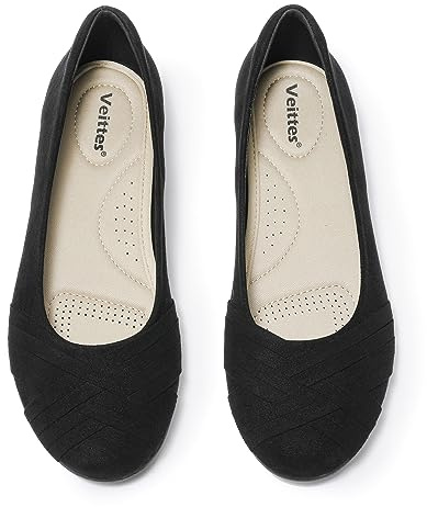 Veittes Women's Wide Width Dress Round Toe Ballet Flats,Black 5.5