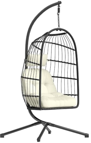 Outsunny Hanging Egg Chair with Stand, Safety Strap, Black/Cream White | Indoor Outdoor, Hammock Swing Chair, Foldable Basket, Thick Cushion, Headrest, Adjustable Height, Metal Frame, Garden Balcony