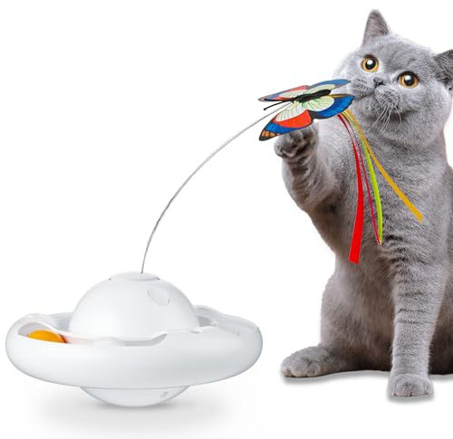 Gmiigu Cat Toy Self-Employment Interactive Electric Intelligence with 2 Butterflies and 2 Balls, 3-Speed Cat Toy Tumbler for Adults Cats, Kittens, White (Without Battery)