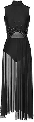 iEFiEL Damen Tanzkleid mit Strass Mesh Ballettkleid Ballett Trikotanzug Jumpsuit Tanzbody Overall Gymnastik Tanzkostüm Wettbewerb Schwarz M