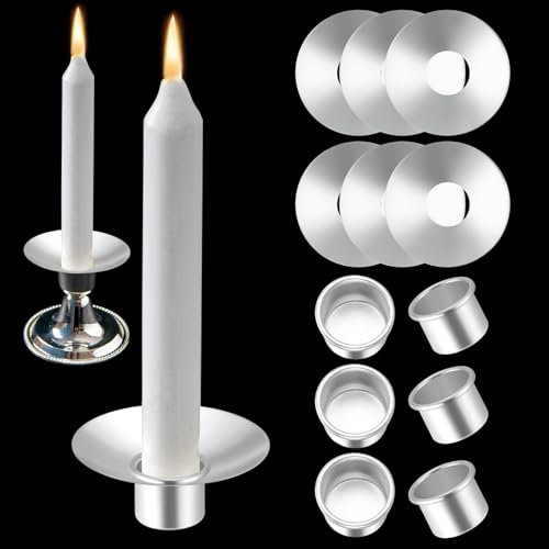 XUWAIDSGN 24 Pieces Metal Candle Bobeches with 24 Pieces Candlestick Holder Cup Silver Metal Candle Inserts Round Candle Wax Drip Catcher Candle Drip Guards for Wedding Holiday Party Church Home