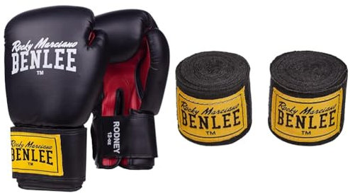 BENLEE Boxhandschuhe aus Artificial Leather Rodney Black/Red 14 oz & Streifen Boxbandagen elastisch 450 x 5 cm schwarz