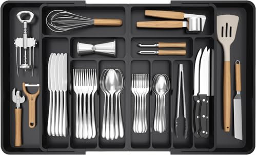 Lifewit Extra Large Cutlery Drawer Organiser, Expandable to 36 Inches Utensil Tray for Kitchen, Adjustable Silverware and Flatware Holder, Compact Plastic Storage for Spoons Forks Knives, Black