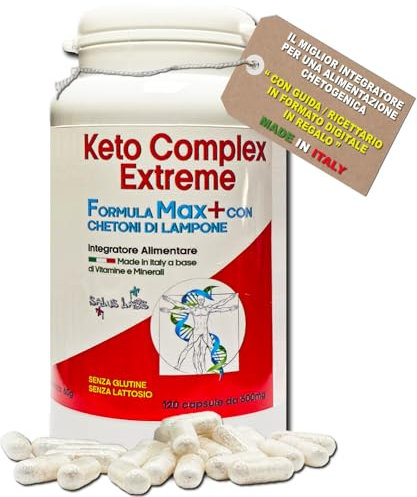 Cheto Keto Complex Extreme * 120 Capsule + Guida/Ricettario digitale * Chetoni di Lamponi, Carnitina, Garcinia, Ginkgo, Guaranà, Tè e Caffè Verde, Mate, Caffeina, Vitamine B6 e B12 * Made in Italy