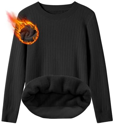 heekpek Women's Jumpers Long Sleeve Tops Ladies Cosy Sweaters Winter Warm Fleece Lining Striped Jumper Crewneck Ribbed Knit Pullover, Black, L