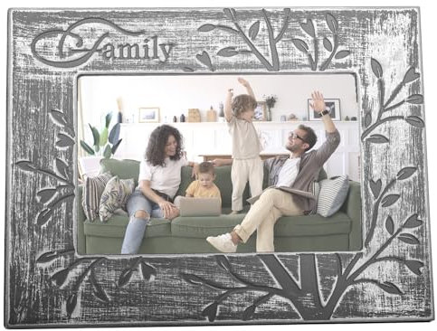 Happy Homewares Modern Galvanised Brushed Silver Family Sentiment 4x6 Picture Frame with Dark Tree Decoration | Lovely Gift to any Family Member