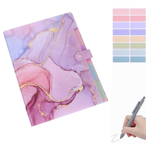 Trieur A4 avec 5 compartiments, porte-documents A4 avec étiquettes, système de classeur, 12 enveloppes transparentes pour l'argent et 14 notes adhésives (trieur violet fleur)