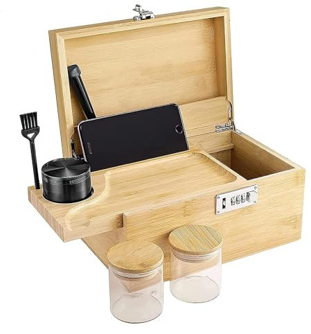 Polegas Bamboo Stash Box, Rolling Box with Combination Lock, Wooden Storage Boxs with Rolling Tray and All Accessories, Perfect Choice for Family or Personal Gifts
