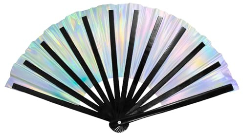 Husalsea Abanico de mano plegable de PVC, 33 cm, tela reflectante, rave, baile, boda, fiesta