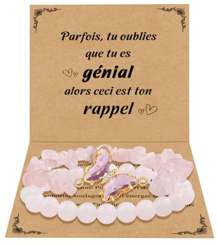CheersLife Bracelet Pierres Naturelles Papillon Rose - Cadeau pour Femme, Ado, Maman, Sœur, Amie, Collègues - Anniversaire, Noël