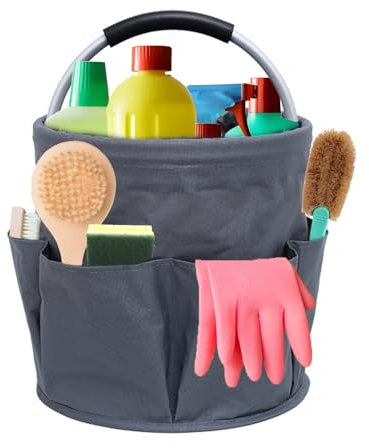 Cesto portaoggetti pieghevole grigio, 17 l, secchio per la pulizia con manico, multi-tasca, grande capacità, borsa per la pulizia per casa e giardino
