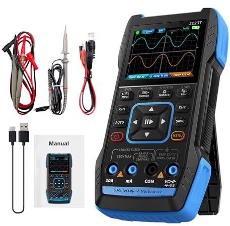 VOBOR Osciloscopio digital 3 en 1 multímetro de mano osciloscopio 2 canales 10 MHz 50 MS/s conteos de voltaje, corriente, condensador, resistencia, prueba de diodos, 2C53T