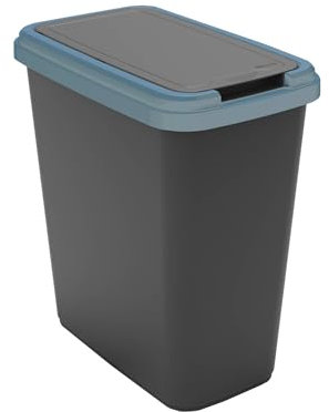 Sundis Green Bin, poubelle de tri sélectif 25 L d’intérieur, rectangulaire, en plastique recyclé noir et bleu, couvercle à bascule ou fixe, avec stickers pour cuisine, bureau, buanderie, atelier