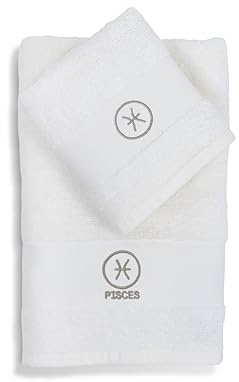 zer0bed Zodiac - Juego de 2 Toallas de baño con diseño de Signos del Zodiaco, Toalla para la Cara, Toalla de Invitados y bidé, 100% algodón, Color Liso con Bordado, Peces