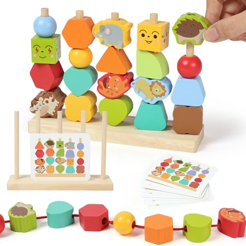 AOOTE Giocattoli Impilabili und Infilare, Giocattoli Montessori da Infilare per Bambini, Forme Colori Geometriche Ordinamento Giocattolo, Giochi Legno Bambini, Educativi Bambino 3+ Anni, Animali